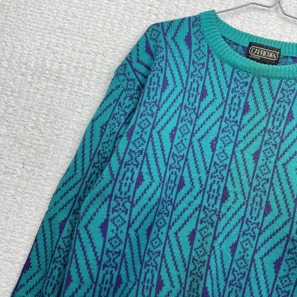 VTG Capricorn Crewneck Knit Grandpa Sweater Men Sz M Psychedelic's Geometric AOP - Picture 3 of 15